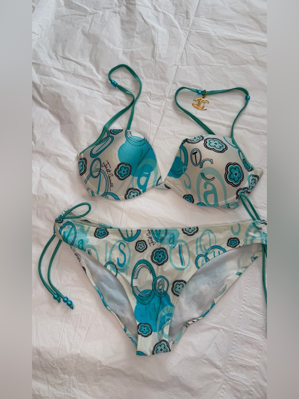 Just Cavalli Teal and White Floral Logo Kids Bikini